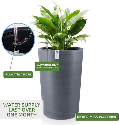Dexceder 16x12 Self Watering Tall Planter (Gray, Wire Drawing) | High Cylinder, Thickened Large Floor Standing Flower Plant Pot with Water Level Indicator Indoor Outdoor