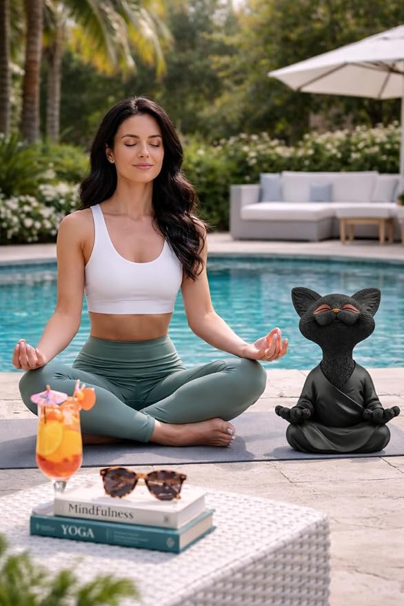 JFSM INC. 12" Whimsical Happy Cat Garden Buddha Statue - Indoor Outdoor Resin Cat Statue - Meditating Animal Sculpture, Mindful Yoga Decor for Patio Yard Lawn Porch