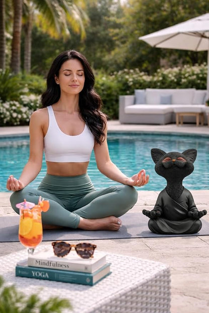 JFSM INC. 12" Whimsical Happy Cat Garden Buddha Statue - Indoor Outdoor Resin Cat Statue - Meditating Animal Sculpture, Mindful Yoga Decor for Patio Yard Lawn Porch