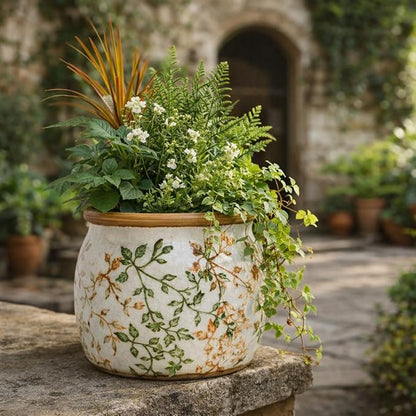 Vintage Ceramic Flower Pots - Indoor Outdoor Planters with Drainage Holes & Filter Screen, 6.5’’& 9’’ Rustic Farmhouse Decorative Plant Pots for Garden/Patio (Bicolor Vines, Small to Large Bundle)