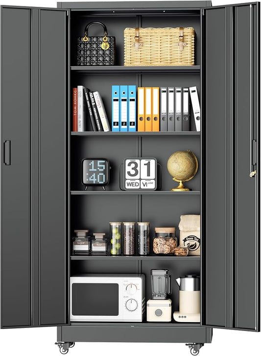 INTERGREAT73 Garage Storage Cabinet with Wheels, Rolling Metal Storage Cabinet with Locking Doors and 4 Adjustable Shelves,- 73" Steel Tool Cabinet for Home Office,Garage,Warehouse，Black