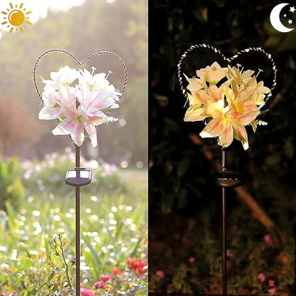 Starryfill Solar Garden Stake Lights Outdoor - Heart-Shaped Metal Decor with Lily Flowers & 25 LED Warm White Lights, Waterproof Memorial Decorations for Cemetery Grave, Remembrance Valentine's Gift