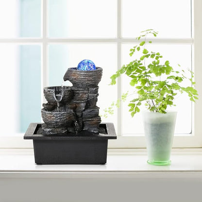 Dyna-Living Water Fountain Indoor Tabletop Waterfall Fountain with LED | Colorful Light Indoor Fountains and Waterfalls with Rolling Ball, Quiet Pump for Relaxation, Zen Home & Office Desk Décor