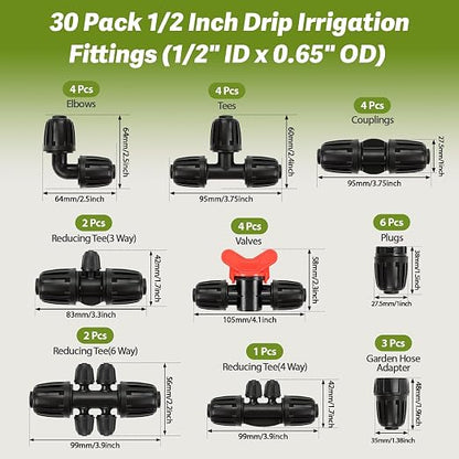 30 Pack 1/2 Inch Drip Irrigation Fittings Kit (1/2" ID x 0.6-0.65" OD), 1/2" Dripline Lock Nut Barbed Connectors - 4 Tees, 4 Couplings, 4 Elbows, 4 Valves, 6 Plugs, 3 Adapters, 5 Reducers