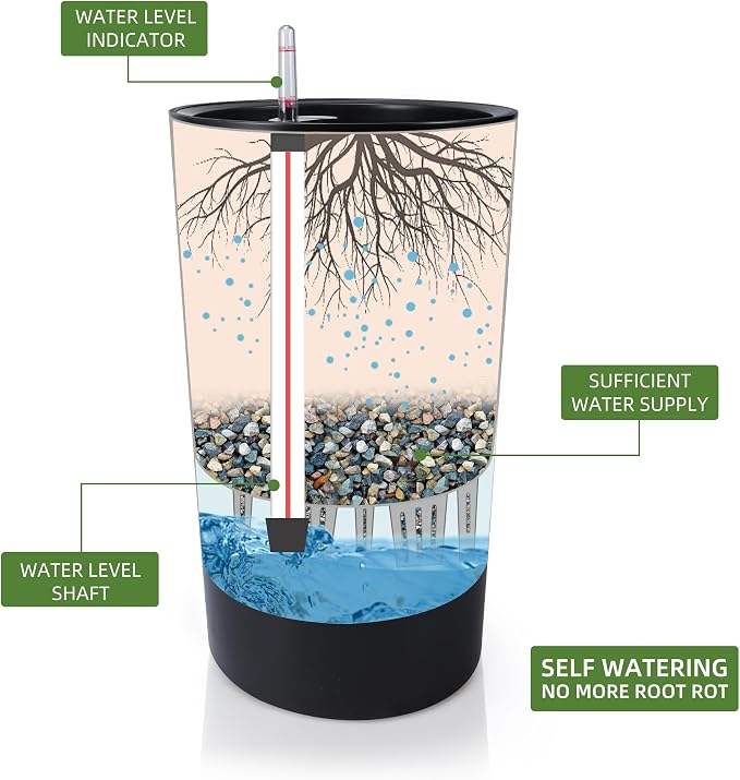 Dexceder 22x13 Self Watering Tall Planter (Black Matte) | High Cylinder, Thickened Large Floor Standing Flower Plant Pot with Water Level Indicator Indoor Outdoor