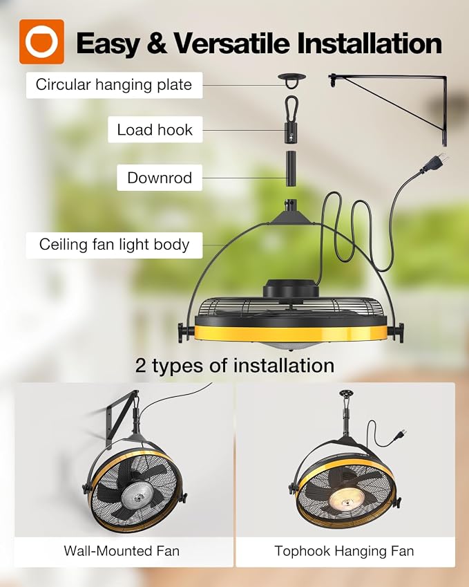 addlon 20" Outdoor Ceiling Fan with Light for Patios, IP65 Waterproof Gazebo Fan with Remote&APP Control,360° Adjustable Tilt,6 Speeds,3CCT Dimmable, Wall Mount Ceiling Fan with Hook Hanging for Porch