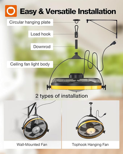 addlon 20" Outdoor Ceiling Fan with Light for Patios, IP65 Waterproof Gazebo Fan with Remote&APP Control,360° Adjustable Tilt,6 Speeds,3CCT Dimmable, Wall Mount Ceiling Fan with Hook Hanging for Porch