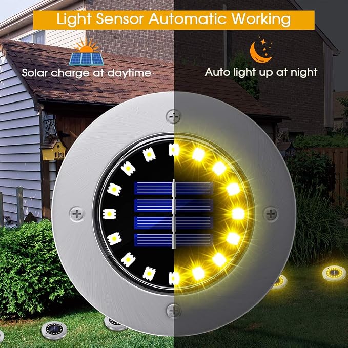 NFESOLAR Solar Ground Lights Outdoor with 16 LEDs Waterproof for Outdoor | Stainless Steel Shell, Wire-Free, Easy to Use for Garden Yard Lawn Pathway Walkway- Warm White 8 Pack