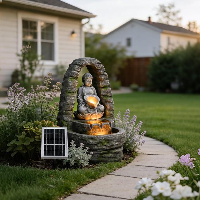 Buddha Solar Water Fountain Outdoor Garden, 27.2" H Cascading Zen Waterfall Solar Power Water Fountain with LED Lights for Backyard, Patio, Porch, Deck, Garden and Home Art Decor