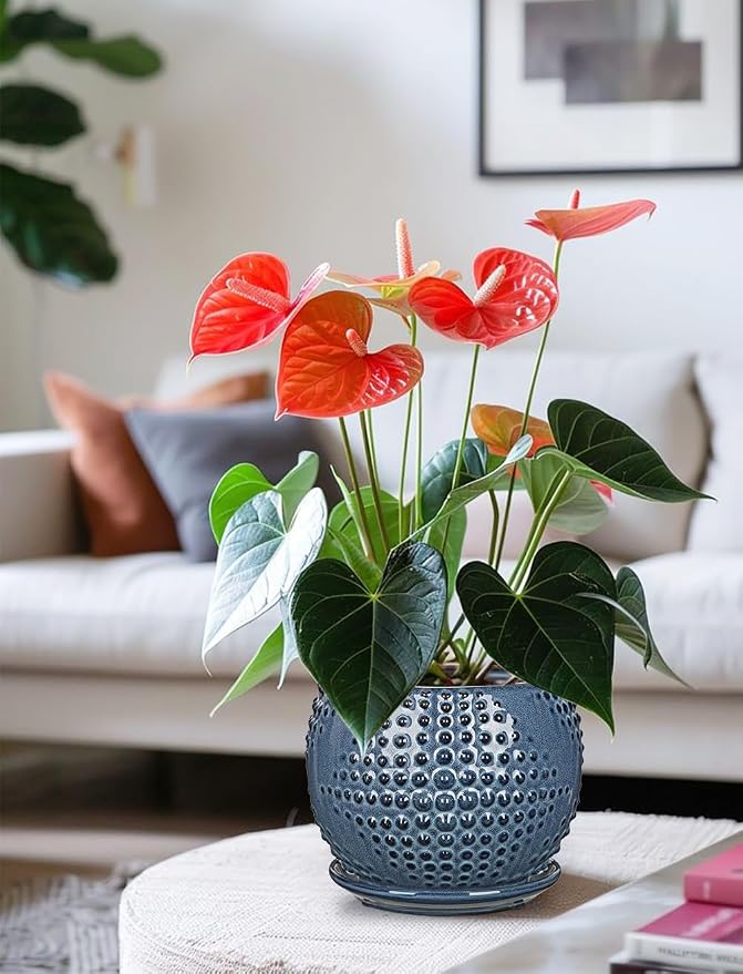 Oairse Ceramic Pot for Indoor Plants, 7 inch Plant Pot with Drainage Hole and Saucer Decorative Blue Planter with Saucer Indoor Outdoor Flower Pots for Succulent Snake Plant Pothos Orchid
