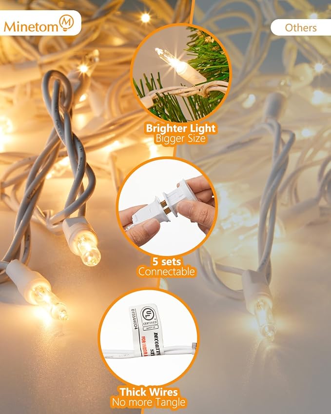 Minetom Clear Christmas Lights Set 100 Count 20 Feet Incandescent Bulb Mini String Lights for Indoor Christmas Tree Garland Birthday Wedding Party Festival Decoration, White Wire