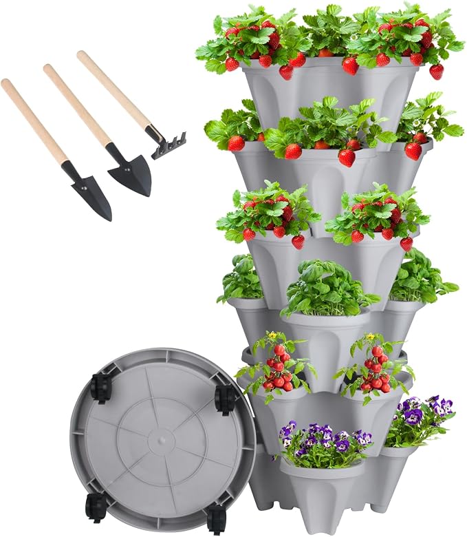 GameXcel Vertical Planter Tower - 6 Tier Stackable Garden Planters with Wheels and Tools Plant Pots for Strawberry Herb Flower and Vegetable Indoor Outdoor Use Gray