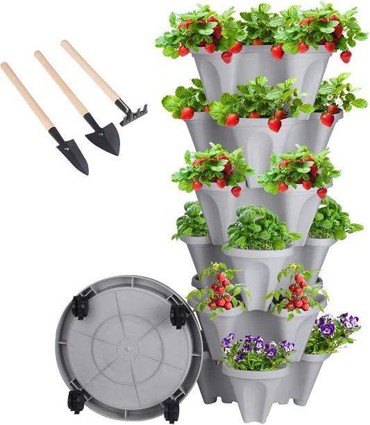 GameXcel Vertical Planter Tower - 6 Tier Stackable Garden Planters with Wheels and Tools Plant Pots for Strawberry Herb Flower and Vegetable Indoor Outdoor Use Gray