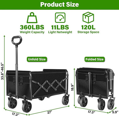 Folding Wagon Cart with All-Terrain Wheels – Heavy Duty Collapsible Utility Wagon for Grocery, Sports, Garden, Camping, Shopping (Black 360LBS)
