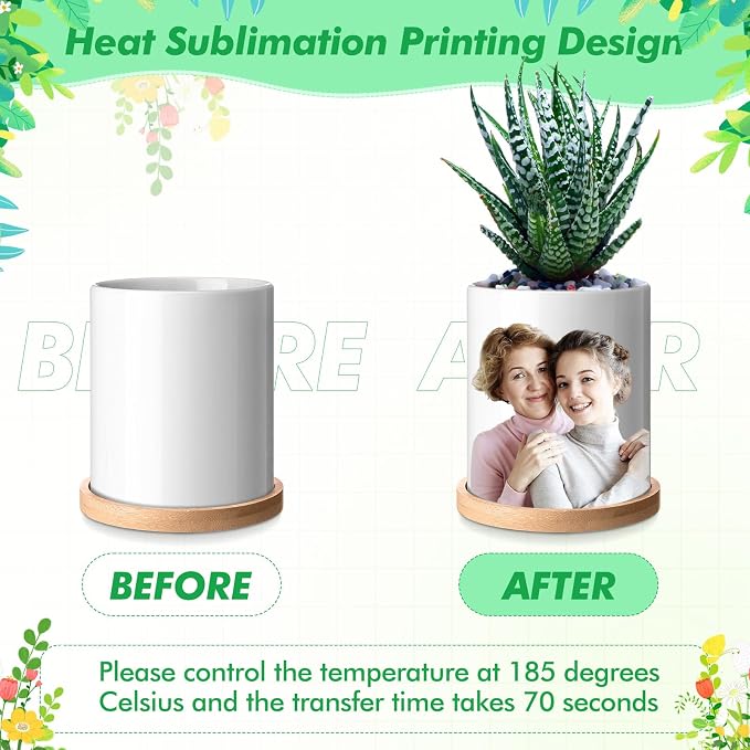 Teenyyou 6 Pcs Sublimation Flower Pot Blanks Mini 3.2 in Garden Ceramic Succulent Planter Pot with Bamboo Tray with Drainage Hole Thank You Gifts for Employee Appreciation Plant Lover