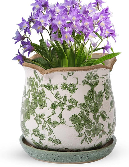 Ceramic-Planters-for-Indoor-Plants with Saucer, 6 inch Vintage Ice Crack Glaze Plant Pots with Drainage Holes, Decorative Flower Pots for Outdoor Garden Home Decor, Tuscan Pot for Plant