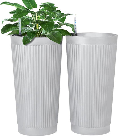 FENCY Self Watering Tall Planters Set of 2, White Round | 24 Inch, with Water Level Indicator& Spacious Reservoir, Plastic Tapered Pots, Weather-Resistant, Front Door Decor