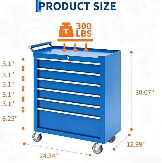 IDEALHOUSE Rolling Tool Chest, 6 Drawers Tool Storage Cabinet, Toolbox with Wheels, Portable Tool Cabinet Organizer with Locking System & Drawer Liners, Tool Storage Cart for Garage, Workshop, Blue