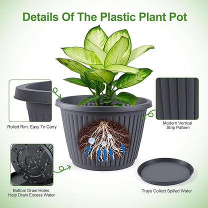 12-inch-Planters-for-Outdoor-Plant，Plastic Indoor Flower Pots with Drainage Holes & Saucer, 4 Packs Decorative Garden Pots for Plantfor Home Porch Decor