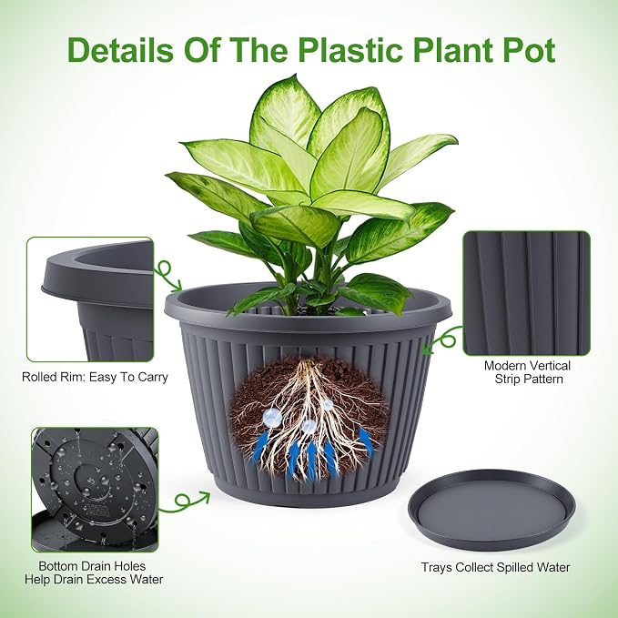 14-inch-Large-Planters-for-Outdoor-Plant，Plastic Indoor Flower Pots with Drainage Holes & Saucer，4 Packs Decorative Garden Pots for Plantfor Home Porch Decor