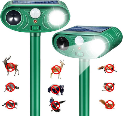 Solar Ultrasonic Animal Repellent 2 Pack,Motion Activated Deterrent for Deer, Cat, Squirrel, Raccoon, Rabbit & Bird, Waterproof Outdoor Animal Repeller with LED Strobe for Yard, Garden & Orchard