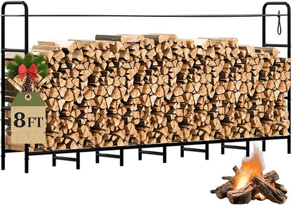 Firewood Rack 8FT Heavy Duty Metal, Outdoor Indoor Log Holder Stand for Fireplace Wood Storage, Adjustable Wood Pile Stacker Organizer for Patio, Black