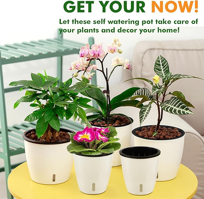 Planterhoma 5 Inch Self Watering Pots for Indoor Plants, 12 Packs African Violet Pots with Indicator, Black Wick Pot with Drainage Holes, Self Watering Planters for Orchid, Devil's Ivy, White