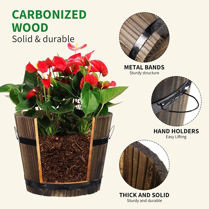 DOITOOL Rustic Wooden Barrel Planter: Wood Whiskey Barrel Bucket Flower Pots Indoor Outdoor Plants Boxes Container for Home Garden Patio Backyard - 7.08 x 5.9 x 5.1 inches (Medium)