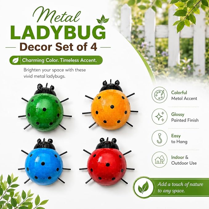 MACLARONX Metal Ladybugs Outdoor Yard Art Garden Fence Decor Set of 4 Cute Lady-Bugs Wall Sculptures Colorful 3D Ornaments for Backyard Balcony Patio