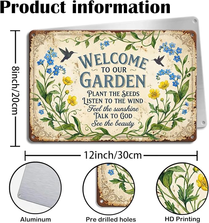 Garden Decor Sign Welcome to Our Garden Floral Wall Art | Garden Lovers • Yard Patio Display • Garden Theme • Vintage Botanical Style • UV Printed • 8x12 Inch