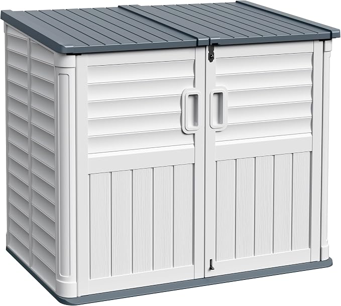 Devoko Resin Outdoor Storage Shed, 34 Cu Ft Outdoor Storage Cabinet with Shelf, Waterproof, Double Locks, Resin Storage for Trash Can, Garden Tools, Pool Supplies (Beige)