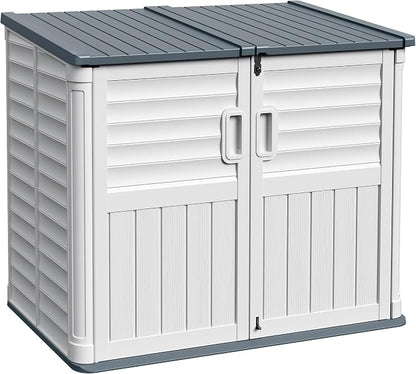 Devoko Resin Outdoor Storage Shed, 34 Cu Ft Outdoor Storage Cabinet with Shelf, Waterproof, Double Locks, Resin Storage for Trash Can, Garden Tools, Pool Supplies (Beige)