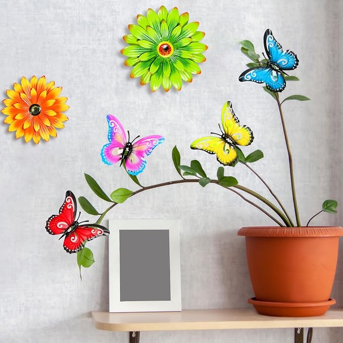 Gisafai 10 Pack Metal Flower Wall Decor Outdoor, 3D Daisy and Butterfly Metal Garden Wall Art, Colorful Fence Decorations for Patio Backyard Balcony Porch, Summer Housewarming Gift(Vintage)