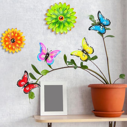 Gisafai 10 Pack Metal Flower Wall Decor Outdoor, 3D Daisy and Butterfly Metal Garden Wall Art, Colorful Fence Decorations for Patio Backyard Balcony Porch, Summer Housewarming Gift(Vintage)