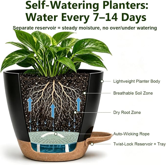 Plant Pots for Indoor 9/8/7/6.5/6/5 Inch, Self Watering Planter Pots with Drainage Holes and Saucers, 6Pcs Plastic Flower Pots for Indoor & Outdoor Plants（Black）