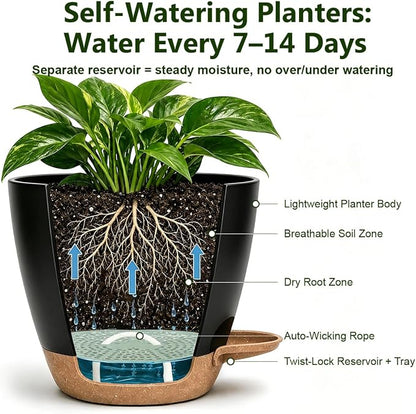 Plant Pots for Indoor 9/8/7/6.5/6/5 Inch, Self Watering Planter Pots with Drainage Holes and Saucers, 6Pcs Plastic Flower Pots for Indoor & Outdoor Plants（Black）