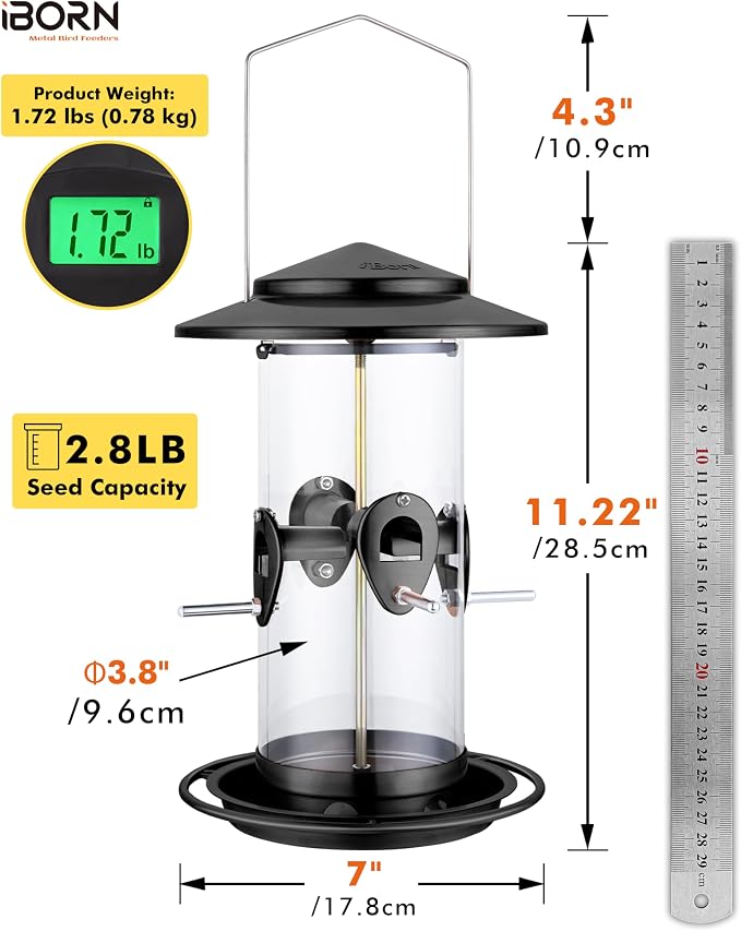 iBorn Metal Bird Feeder for Outside Hanging,Wild Bird Feeders for Cardinal,17.8cm Large Roof&Tray Black 10 Port(Seed is not Included)
