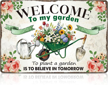 Welcome to My Garden Metal Tin, Garden Sign | Welcome Gardening Wall Art for Outside Gardening Porch Patio Yard Wall Decor