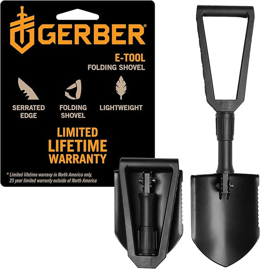 Gerber Gear E-Tool Spade, Folding Shovel for Camping, Serrated Blade Edge & Glass-Filled Nylon Handle, 2’, Black