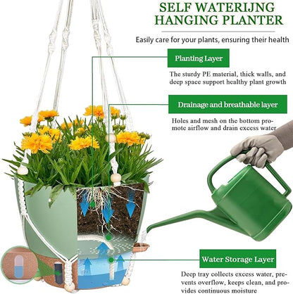 10 Inch Hanging Planters for Indoor Plants, 2 Pack Self Watering Hanging Baskets Flower Pots with Drainage Hole, Visual Reservoir & 2 Kinds of Plant Hanger for Home Decor(Green)
