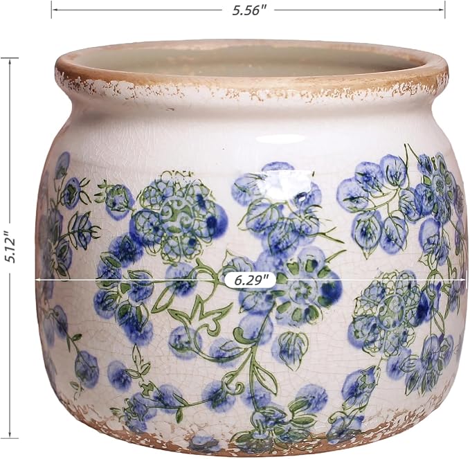Ceramic Planters Spring Decor, 6.3in Country Cottage Plant Pots with Drainage Hole for Indoor Plants & Succulent, Vintage Crackle Glaze Finish Flower Vase, Home Decor Gifts, Deep Blue Floral
