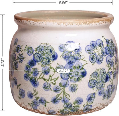 Ceramic Planters Spring Decor, 6.3in Country Cottage Plant Pots with Drainage Hole for Indoor Plants & Succulent, Vintage Crackle Glaze Finish Flower Vase, Home Decor Gifts, Deep Blue Floral