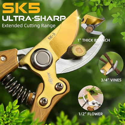 DECERK® 8.5" Premium Bypass Pruning Shears – Wood Grain Finish with Gold Titanium Blade, Japanese SK5 Steel, Balanced Ergonomic Handle for Precise Garden Trimming, Timeless Gardening Companion