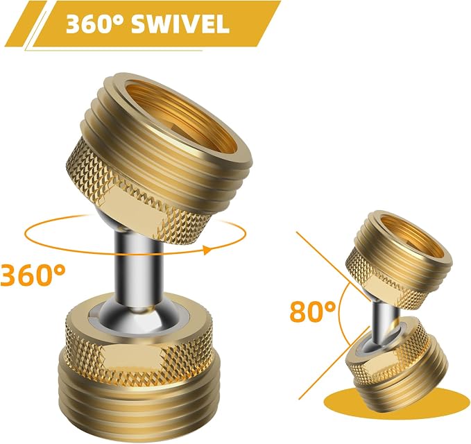 2 Pack Swivel All-Metal Garden Hose Adapter, 3/4" GHT Hose Protector, Male | Solid Brass, Double Male Thread, Flexible Pipe Kink Protector, Dual 65° Big Rotation at Both Ends, Outdoor Faucet Connector