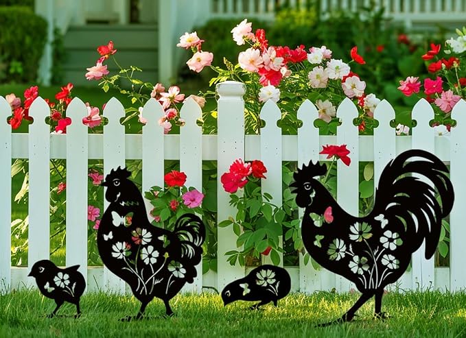 Metal Chicken Garden Decor for Outside, 4 Pcs Metal Chicken Yard Art, Decorative Garden Stakes Chicken Gifts for Chicken Lovers Woman/Man, Patio/Lawn Outdoor Chicken Decor, Chicken Garden Art
