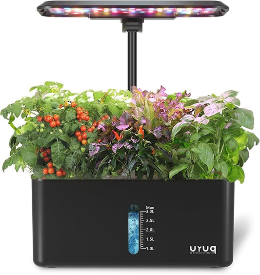 URUQ 8 Pods Hydroponics Growing System with LED Grow Light - Black | Quiet Water Pump, Automatic Timer, Adjustable Height for Fresh Herbs, Vegetables, Indoor Kitchen Gardening Gifts for Women