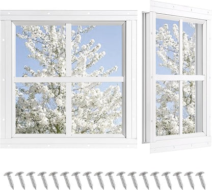 Shed Windows 2 Pack, Chicken Coop Fixed Windows 16" x 16" White | Square Gable Flush Mounted Small Windows with Tempered Glass for Shed, Barns, Playhouse, Household, Garage