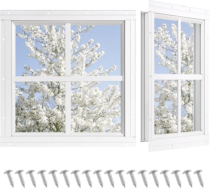 Shed Windows 2 Pack, Chicken Coop Fixed Windows 18" x 18" White | Square Gable Flush Mounted Small Windows with Tempered Glass for Shed, Barns, Playhouse, Household, Garage