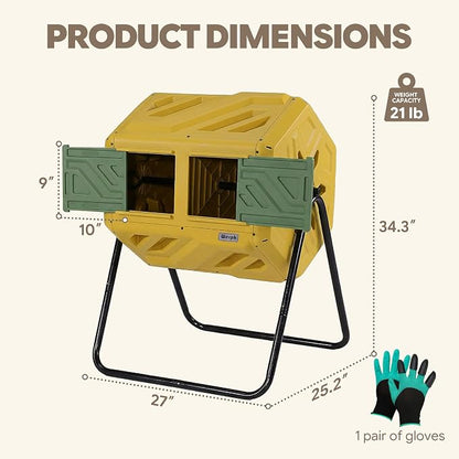 Werph 43 Gal Outdoor Compost Bin for Garden & Kitchen Waste, Yellow | Fast Assembly, Dual Chamber with Aeration System, 360° Rotating, Tumbling Composting Bin for Kitchen, Garden, Yard
