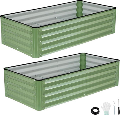 2 Pack 4x2x1 Ft Galvanized Raised Garden Bed, Green | Patented Leak-Proof, Metal Planter Box, Outdoor Kits, For Veggies, Herbs & Flowers